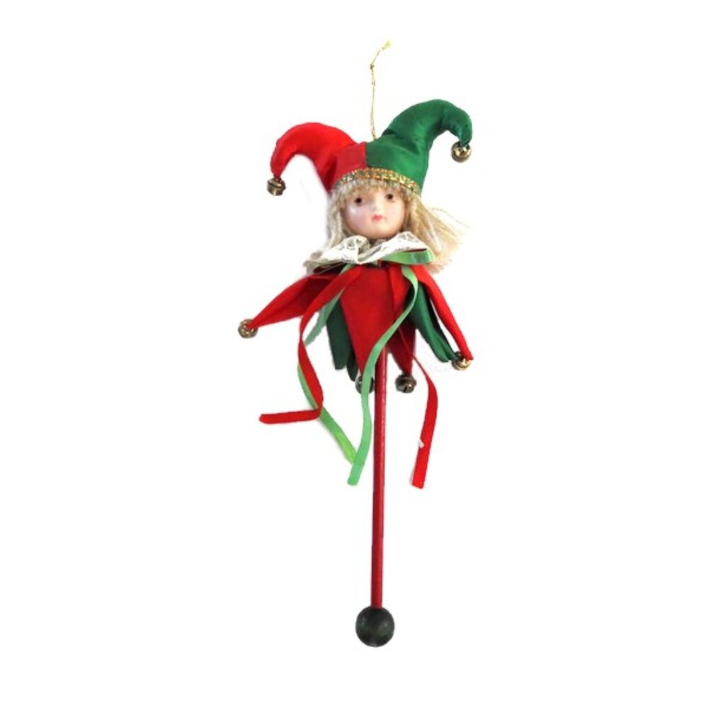 Vintage Porcelain Harlequin Puppet Doll Christmas Ornament Red Green Handpainted